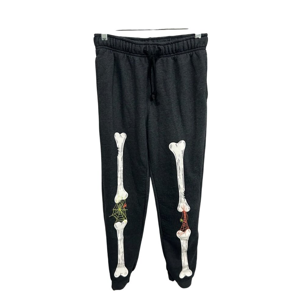 Skeleton Bone Halloween Jogger Sweatpants Charcoal Spider Web Trick or Treat